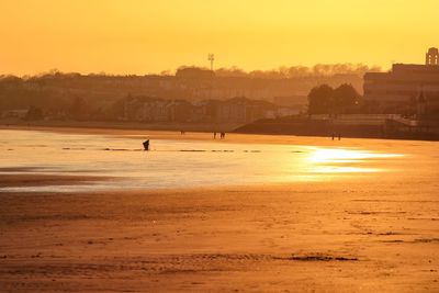 Scenic view of beach against clear sky during sunset