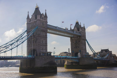 Bridge over river with city in background