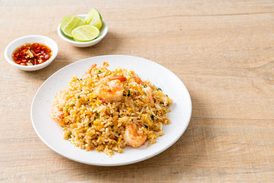 High angle view of food in plate on table