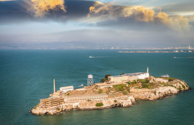 High angle view of buildings in sea