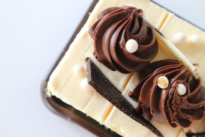 High angle view of chocolate cake in plate