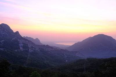 Scenic view of mountains against sky during sunset