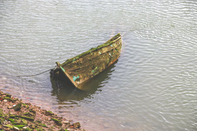 High angle view of abandoned boat in lake