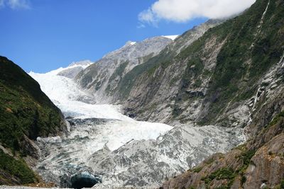 Scenic view of waterfall in mountains against sky