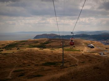 Overhead cable car on land against sky