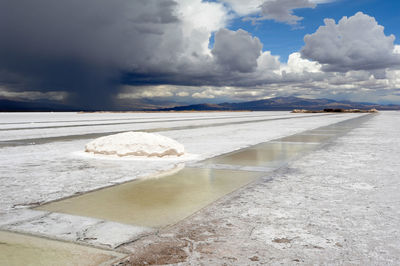 Scenic view of salt basin against cloudy sky