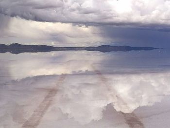 Close-up of reflection of clouds in water