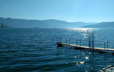 Scenic view of sea against clear blue sky