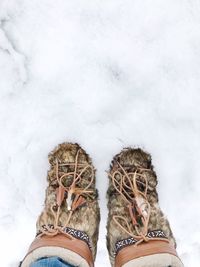 Low section of person standing on snow covered field