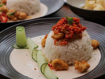 High angle view of food served in plate