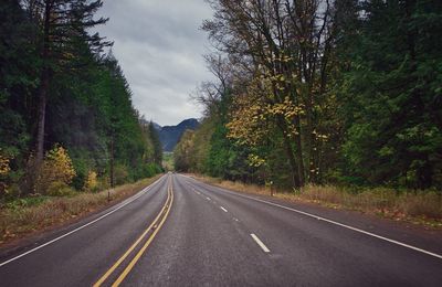 Empty road amidst trees against sky