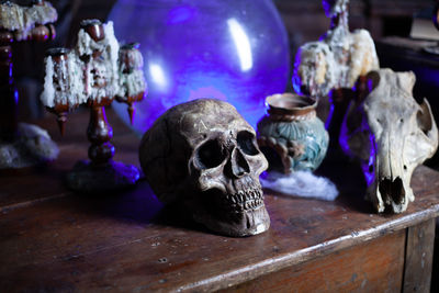 Close-up of human skull on table