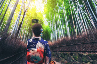 Rear view of woman standing in forest