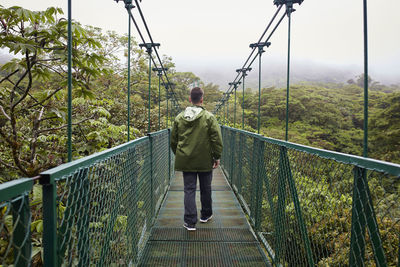 Rear view of man walking on footbridge