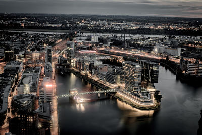 High angle view of illuminated city at night