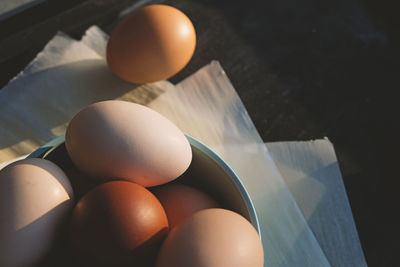 High angle view of eggs in container on table