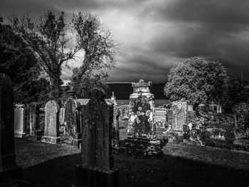 Trees in cemetery against sky