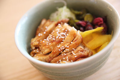 High angle view of food in bowl on table