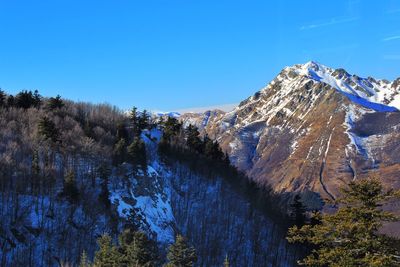 Scenic view of snowcapped mountains against clear blue sky