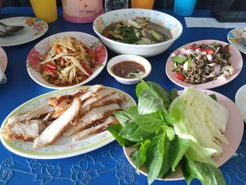 High angle view of meal served on table