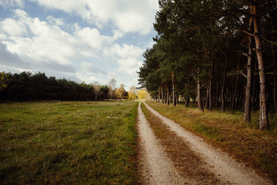 Road amidst trees on field against sky