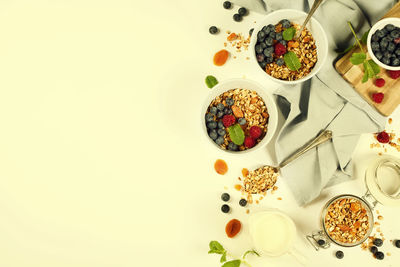 High angle view of breakfast served on table