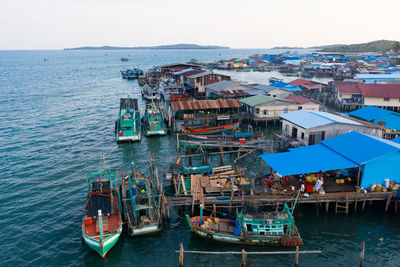 High angle view of ship moored at harbor