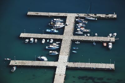 High angle view of ship moored at harbor