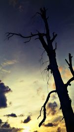 Low angle view of bare tree against cloudy sky
