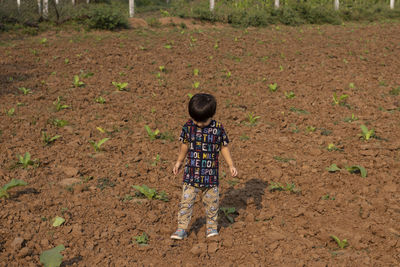 High angle view of boy standing on field