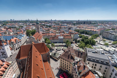 High angle shot of townscape against sky