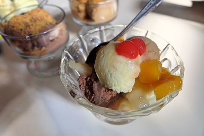 High angle view of ice cream in glass on table