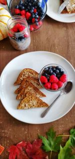 High angle view of breakfast served on table