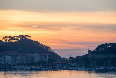 Scenic view of townscape by river against sky during sunset