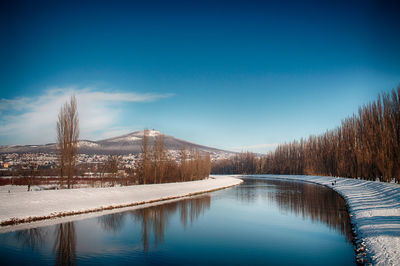 Scenic view of lake against sky during winter