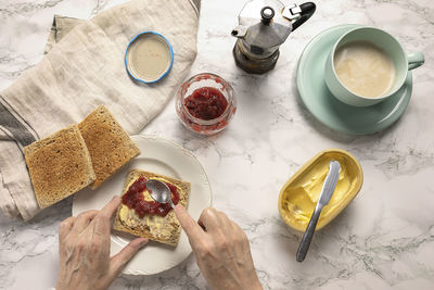 High angle view of breakfast on table