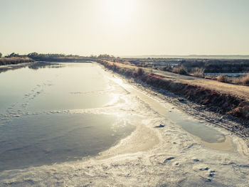 Scenic view of land against clear sky during winter