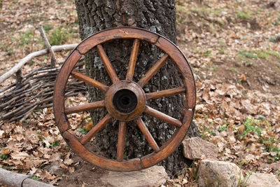 Close-up of rusty wheel on field