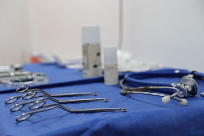 Medical supplies on table at hospital