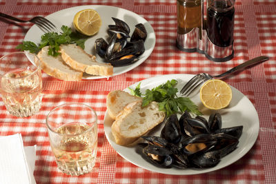 High angle view of meal served on table