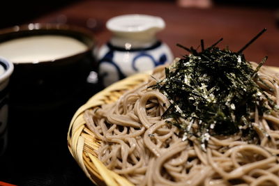 Close-up of pasta in plate on table