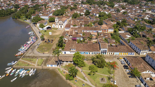 High angle view of buildings in city