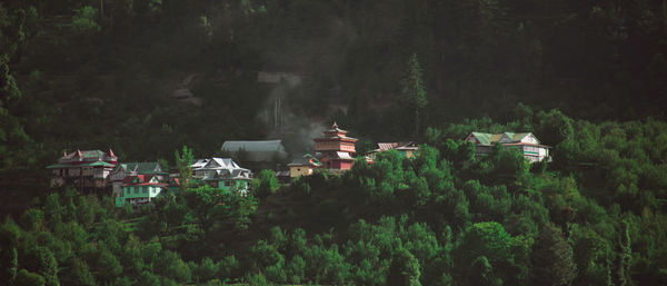 High angle view of townscape surrounded by forest