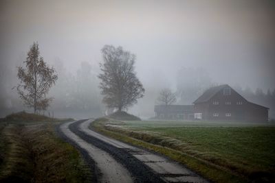 Road amidst trees and houses against sky during foggy weather