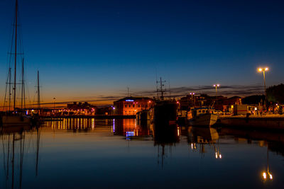 Reflection of illuminated buildings in river at sunset