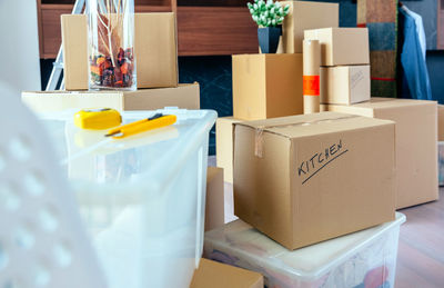 Close-up of stack of books in box