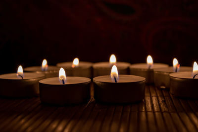 Close-up of illuminated candles on table