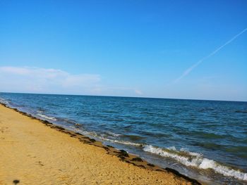 Scenic view of sea against blue sky