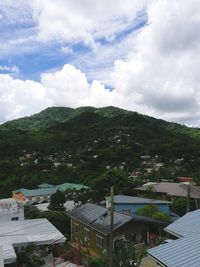 High angle view of houses against sky