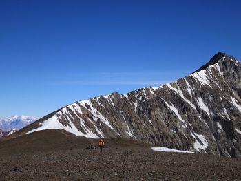 Scenic view of snowcapped mountains against clear blue sky